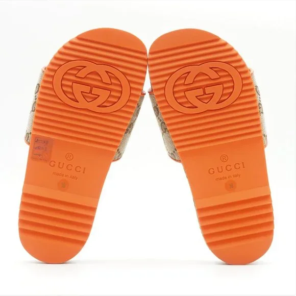 New in Blemished Box Women's The North Face x Gucci Beige & Orange Slides US 6 - Picture 13 of 16